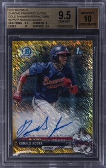 2017 Bowman Chrome "Gold Shimmer Refractor Prospect Autographs" #CPARA Ronald Acuna Signed Rookie Card (#26/50) - BGS GEM MINT 9.5/ BGS 10